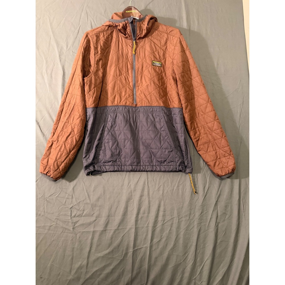 LL Bean Mens Quilted Half Zip Pullover Hooded Jacket Brown Grey Medium 503555